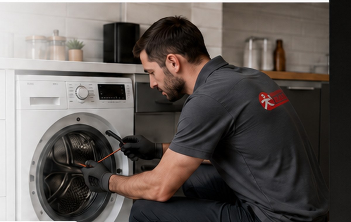Técnico reparando una lavadora